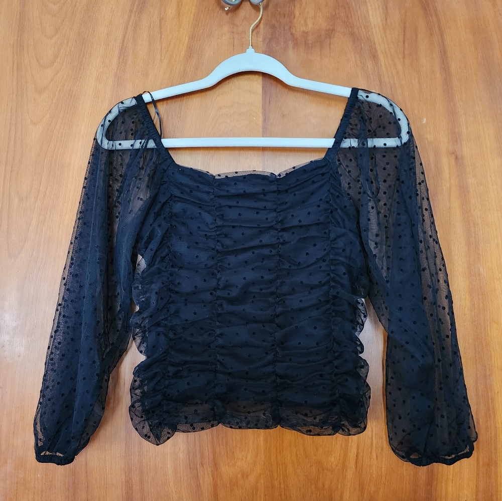 SMALL Black Sheer Long Sleeves With Polka Dots